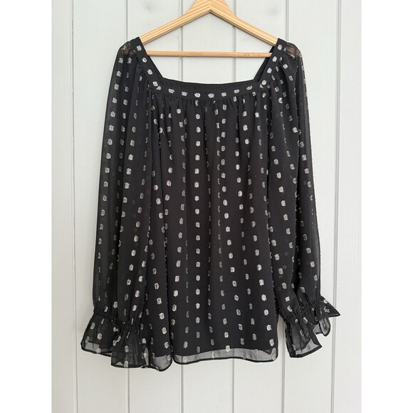 Talbots Flounce Sleeve Metallic Clip Dot Lined Blouse 2X Black Silver - Picture 1 of 5